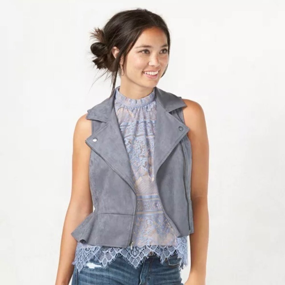 Lauren Conrad Faux-Suede Peplum Gray Zipper Vest